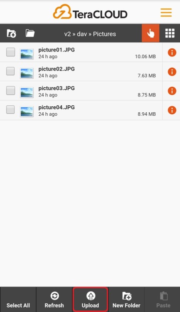 Tap the "Upload" icon in the toolbar