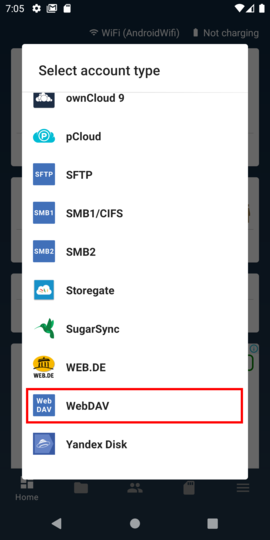 Select WebDAV for the account type