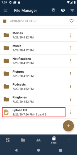 Long press on a file or folder to upload