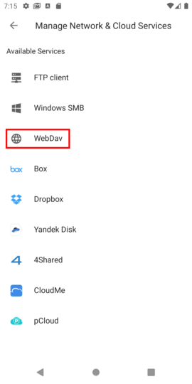 Tap "WebDav" Tap "WebDav"