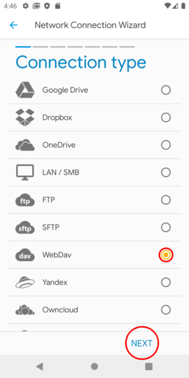Select "WebDav" Select "WebDav"